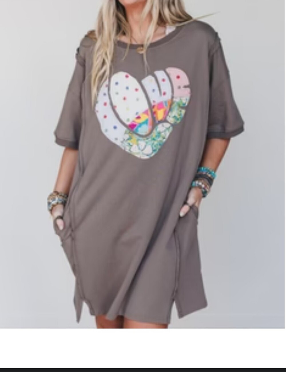 Three Bird Nest Brown Mini Dress with Colorful Patch Heart